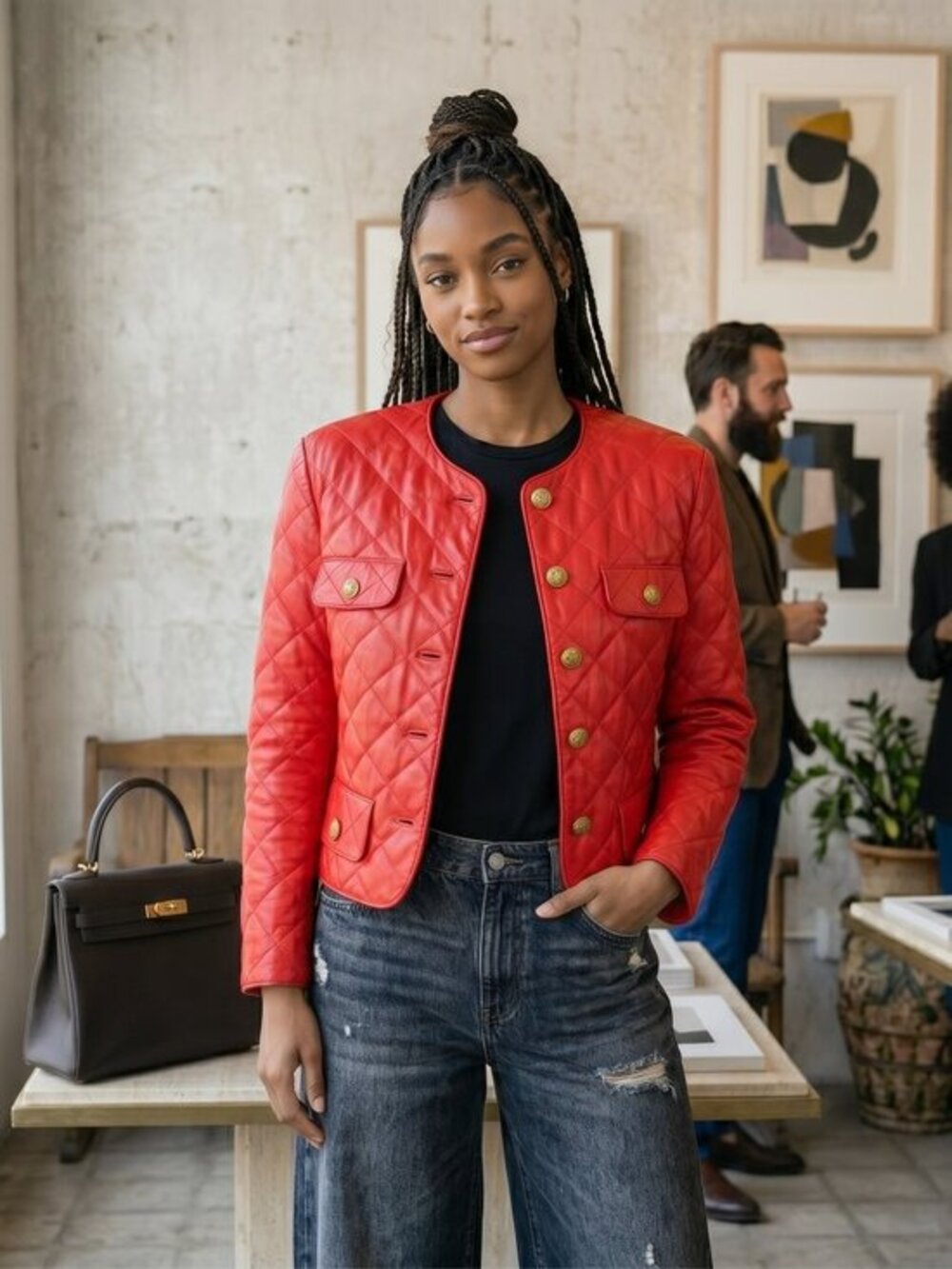 Vintage Saks Fifth Avenue short Red leather Quilted Women's Jacket size 12